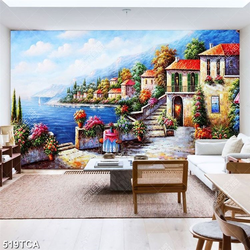 Tranh sơn dầu Châu Âu khu biệt thư bên bờ biển file gốc