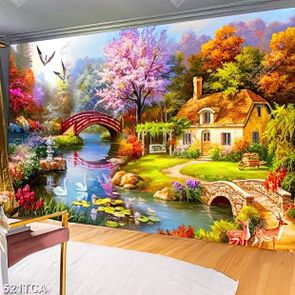 Tranh sơn dầu Châu Âu ngôi nhà nhỏ bên dòng sông thơ mộng