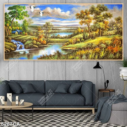 Tranh decor phòng khách ngôi nhà nhỏ trên đồi bên dòng sông xanh