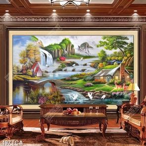 Tranh sơn dầu đồng quê phong cách Châu Âu ngôi nhà nhỏ bên thác nước