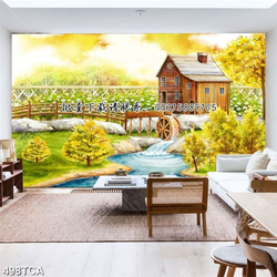 Tranh sơn dầu vườn hoa và ngôi nhà bên cối xoay nước