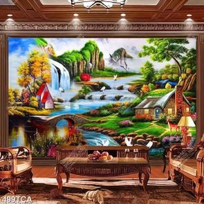 Tranh sơn dầu trang trí nội thất thác nước bên ngôi nhà nhỏ in uv