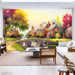 Tranh sơn dầu khu biêt thự cổ xưa bên dòng sông đẹp nhất