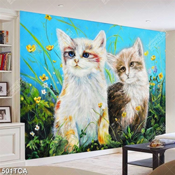 Tranh sơn dầu gắn tường 2 chú mèo trong vườn hoa đẹp nhất