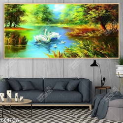 Tranh sơn dầu đôi thiên nga trên mặt hồ đẹp in kính