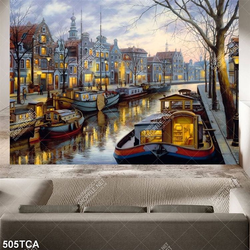 Tranh sơn dầu Châu Âu khu phố trên bên dòng sông thơ mộng