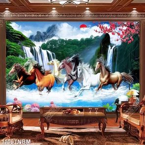 Tranh phong cảnh chim hạc bên thác nước và đàn ngựa gắn tường
