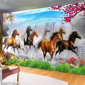 Tranh sơn thủy đàn ngựa vượt thác nước hùng vĩ