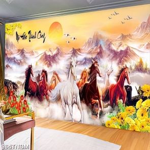 Tranh sơn dầu bát mã và hoa đồng tiền chất lượng cao