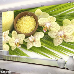 Tranh muối đá spa và cành hoa lan in uv