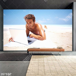 Tranh spa chàng trai nằm xem laptop bên bãi biển