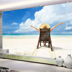 Tranh cô gái nằm trên ghế tắm nắng bên bãi biển treo spa