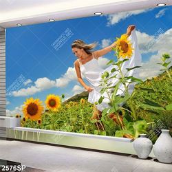 Tranh spa cô gái mặc váy trắng trong cánh đồng hoa hướng dương