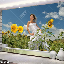 Tranh cô gái đứng tạo dáng trong cánh đồng hoa hướng dương treo spa