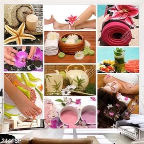 Tranh bộ ghép hoa và trà trang trí tường spa