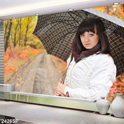 Tranh cô gái che dù bên cánh rừng mùa thu treo spa