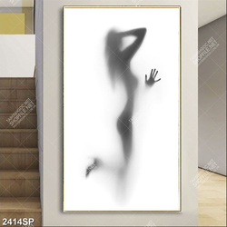Tranh cô gái bên tấm kính mờ nghệ thuật đen trắng treo spa