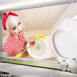 Tranh spa người đẹp dọn dẹp nhà vệ sinh