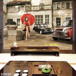 Tranh in uv người đẹp ngồi bên đài phun nước treo spa