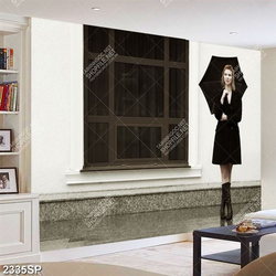 Tranh spa cô gái mặc váy đen đứng bên khung cửa