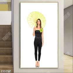 Tranh spa cô gái với bông hoa xanh cài áo