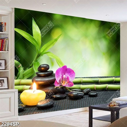 Tranh spa cành trúc xanh và hoa lan tím