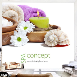 Tranh treo spa in canvas hoa trắng nến thơm và con ốc biển