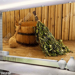 Tranh chậu gỗ và lá xông in canvas treo spa