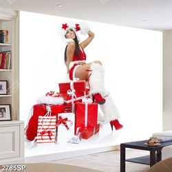 Tranh người mẫu noel bên những hộp quà đỏ treo spa