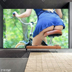 Tranh cô gái ngồi trên xe đạp khoe vòng ba treo spa