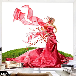 Tranh cô gái mặc váy đỏ đứng trên bãi cỏ treo spa