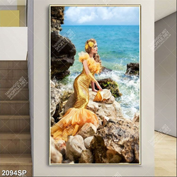 Tranh spa nàng tiên cá xinh đẹp ngôi trên mỏm đá ven biển