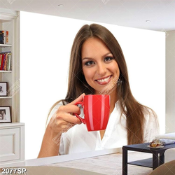 Tranh cô nàng xinh đẹp cầm ly coffee in uv