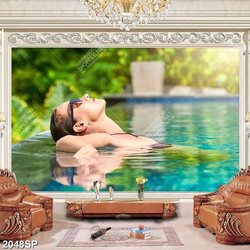 Tranh spa cô gái nằm thư giãn trong hồ bơi