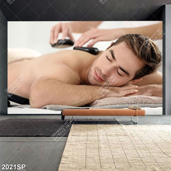 Tranh spa chàng trai nằm massage đá nóng