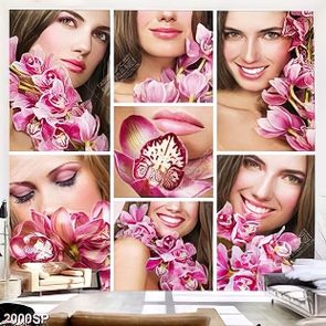 Tranh bộ ghép cô gái xinh đẹp bên cành hoa lan treo tường spa