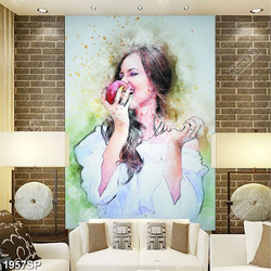 Tranh vẽ cô gái trẻ ăn táo đỏ trang tris tường spa