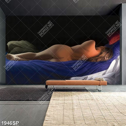 Tranh spa cô gái nằm khòa thân trên chiếc giường màu xanh
