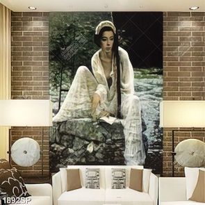 Tranh vẽ cô gái xinh đẹp ngồi trên mõm đá trang trí spa