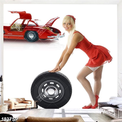 Tranh spa cô gái váy đỏ lăn bánh xe ô tô
