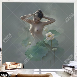 Tranh cô gái khỏa thân trong hồ sen file psd