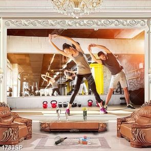 Tranh chàng trai cô gái luyện tập thể thao trong trung tâm