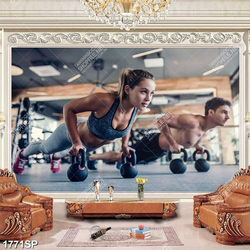 Tranh chàng trai và cô gái luyện tập trong phòng gym