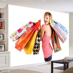 Tranh cô gái với nhiều túi đựng đồ trên tay