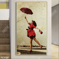 Tranh in uv cô gái mặc váy đỏ tung tăng trên đường phố