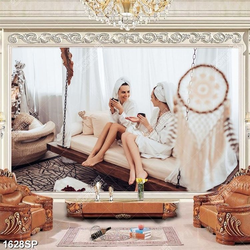 Tranh hai cô gái vui vẻ uống trà trò chuyện