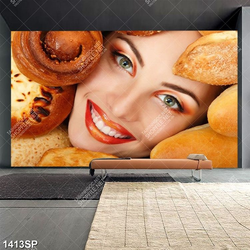 Tranh cô gái cười tươi bên những chiếc bánh mỳ