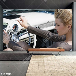 Tranh cô gái xinh đẹp lái xe ô tô