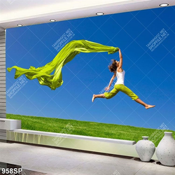Tranh nghệ thuật cô gái tung bay cùng tấm lụa xanh treo spa