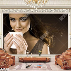 Tranh cô gái xinh đẹp cầm tách trà trên tay treo spa